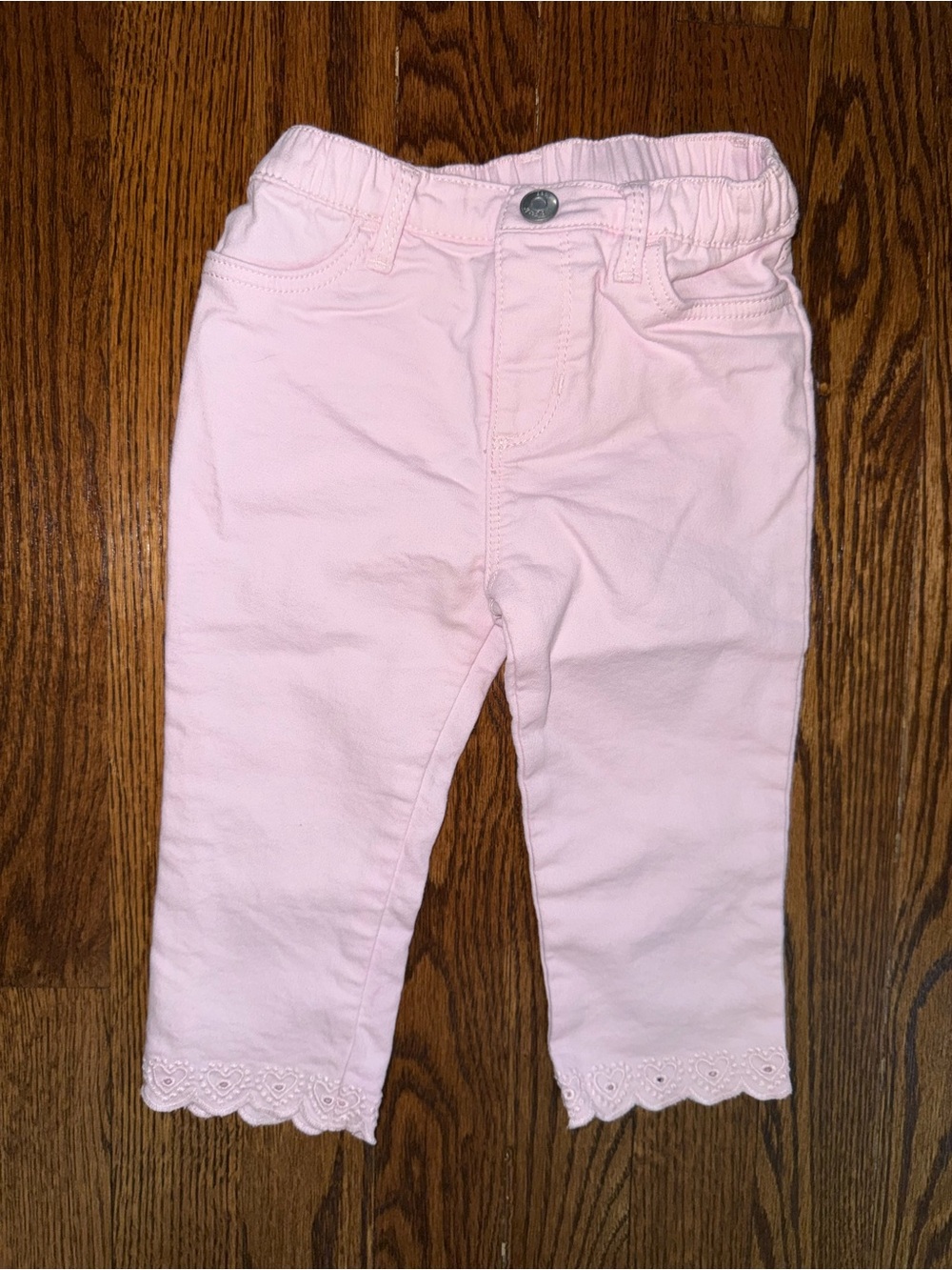 Baby Pink Elastic-Waist Jeans with Eyelet Hem
